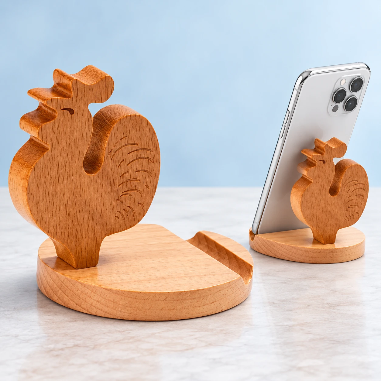 Wooden Rooster Phone Stand on a pale-blue background, product left and actual use right