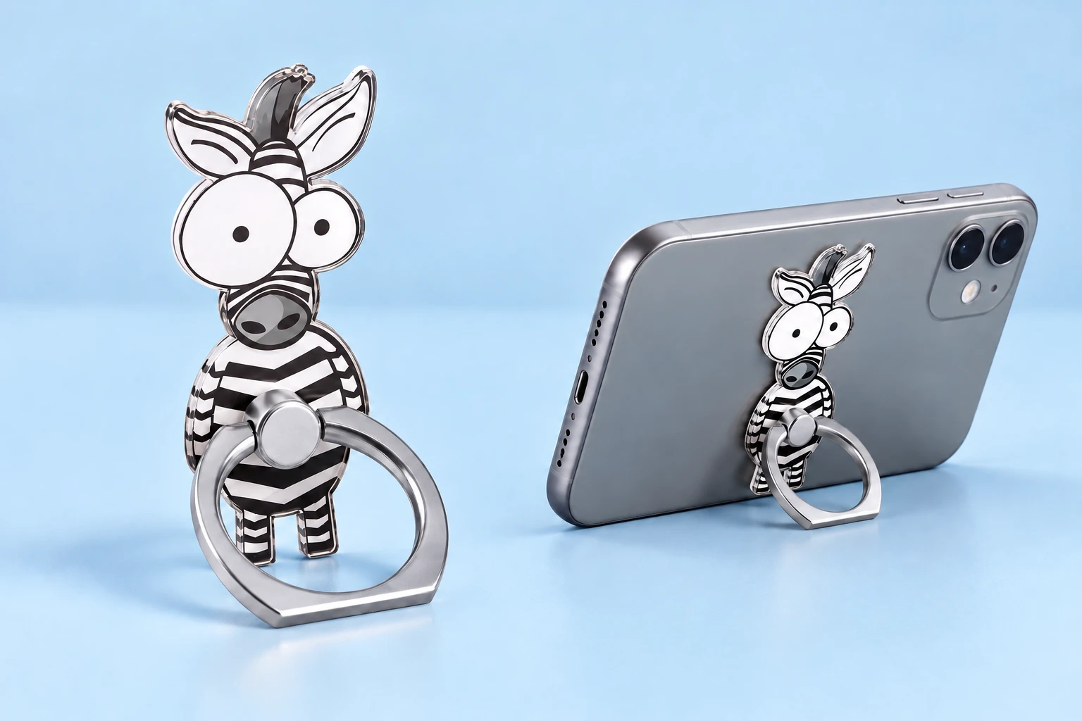 Zebra Phone Ring Holder shown complete with illustrated phone use