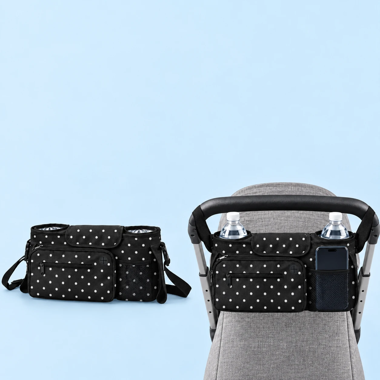 Black Dotted Stroller Phone and Dual-Cup Organizer