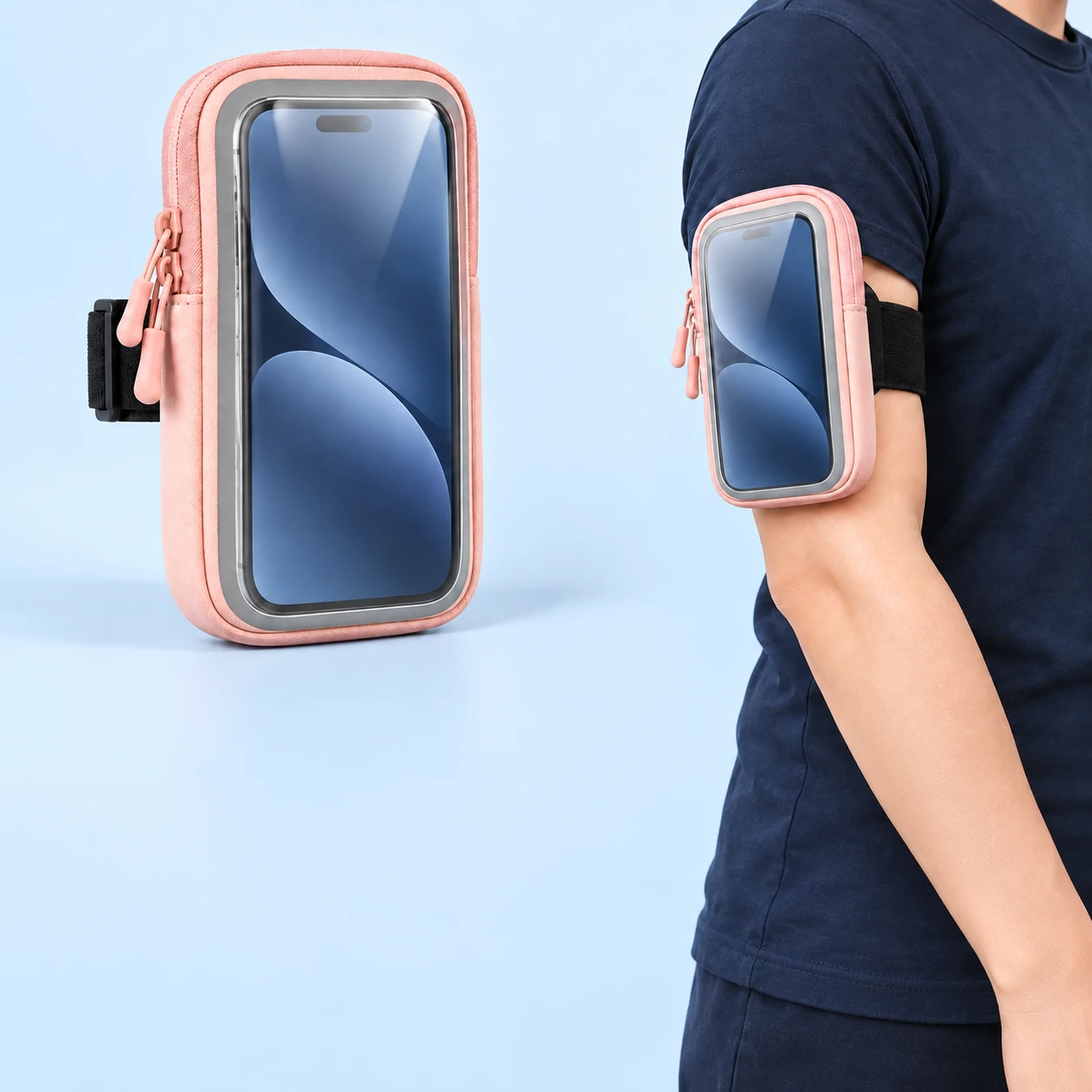 Peach Pink Zippered Clear-Window Phone Arm Pouch