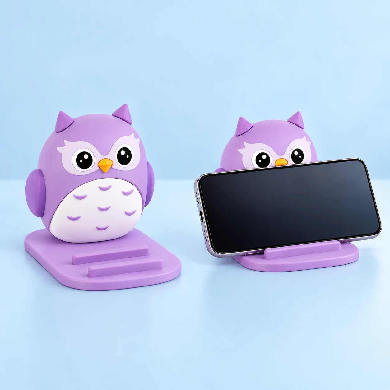 Lilac owl phone stand with two fixed base stops, shown alone and supporting a landscape phone, square composition