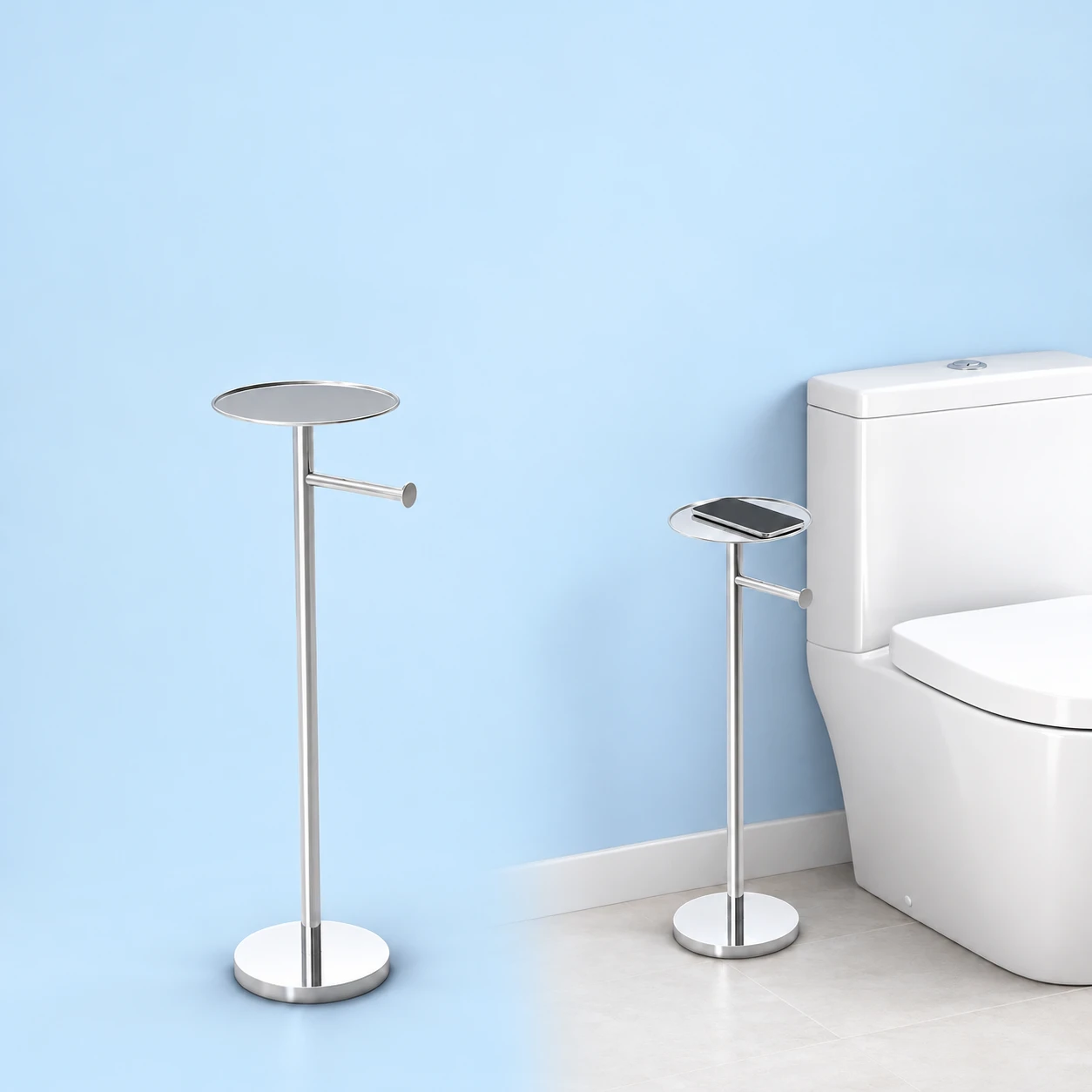 Silver Circular Pedestal Phone Tray with Side Roll Arm; product and illustrative use on pale blue. Phone and scene props excluded., square composition