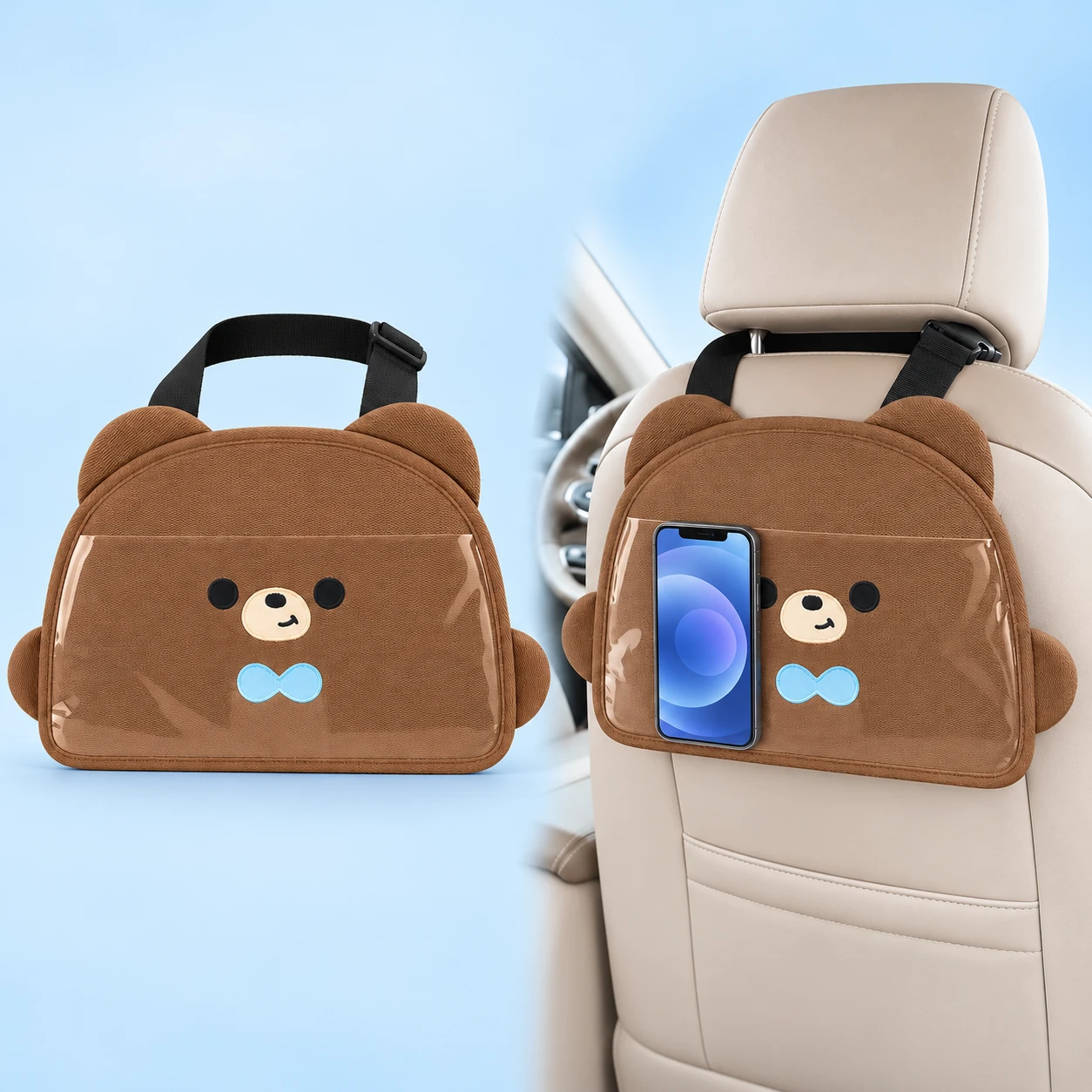 Brown Bear Headrest Phone-Window Pocket; product and illustrative use on pale blue. Phone and scene props excluded., square composition