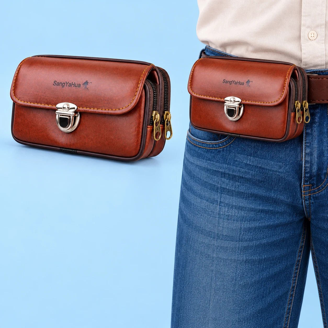 Complete closed brown horizontal two-zip phone belt pouch with its original metal latch at left; the same pouch worn stationary at an adult waist with all rear engagement hidden, on pale blue., square composition