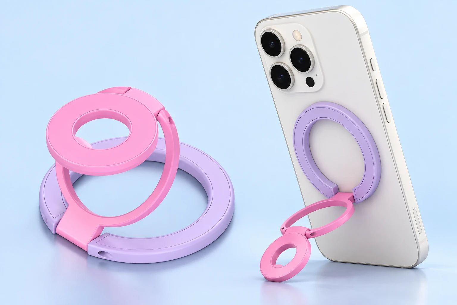 Lilac and pink nested-ring magnetic phone stand with hinged rings and source-matched portrait phone support