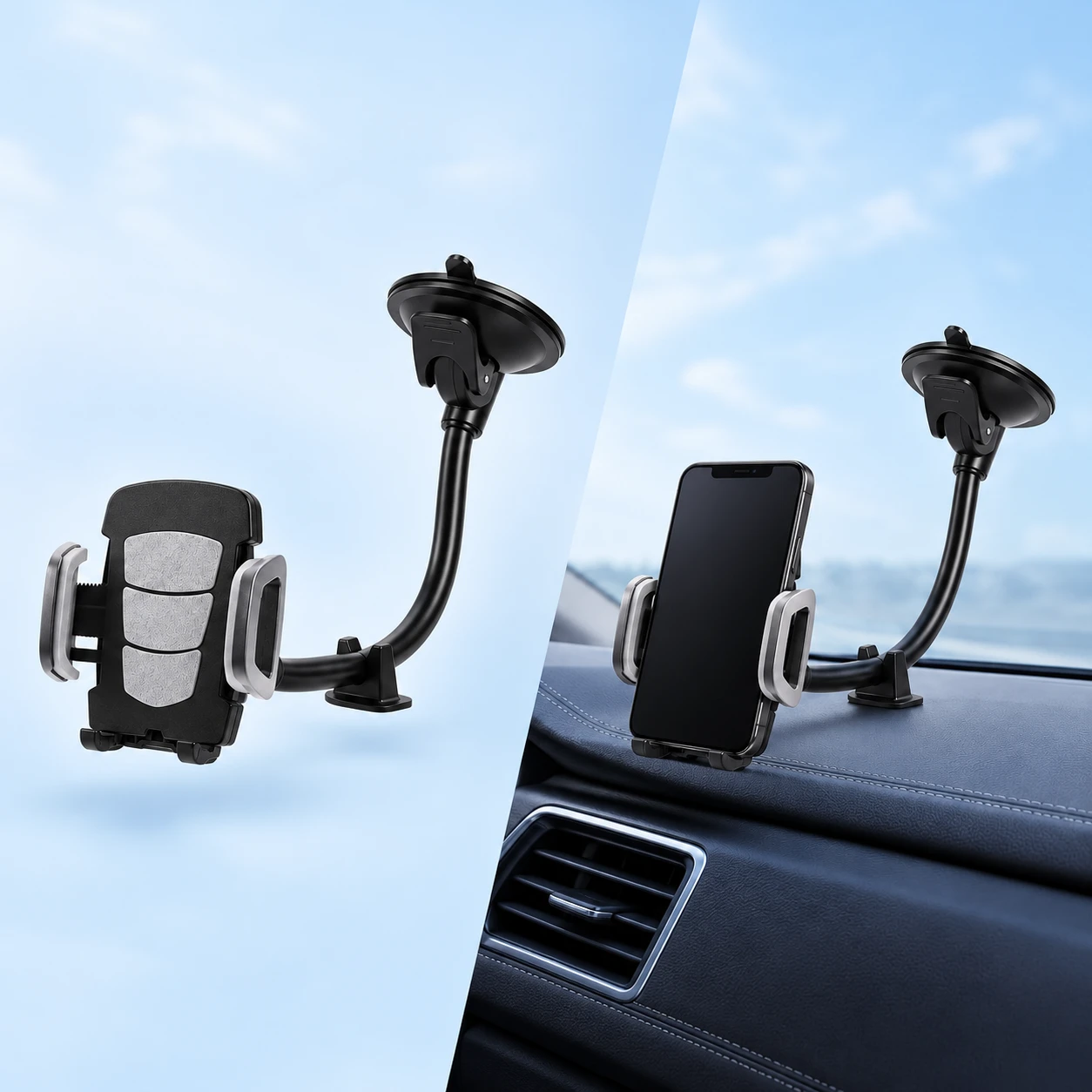 Complete black-and-silver suction gooseneck phone holder empty at left; the same original holder retains a demonstration phone at right with its suction foot on a stationary windshield and its plain saddle resting on the dashboard. Phone and vehicle are not included., square composition