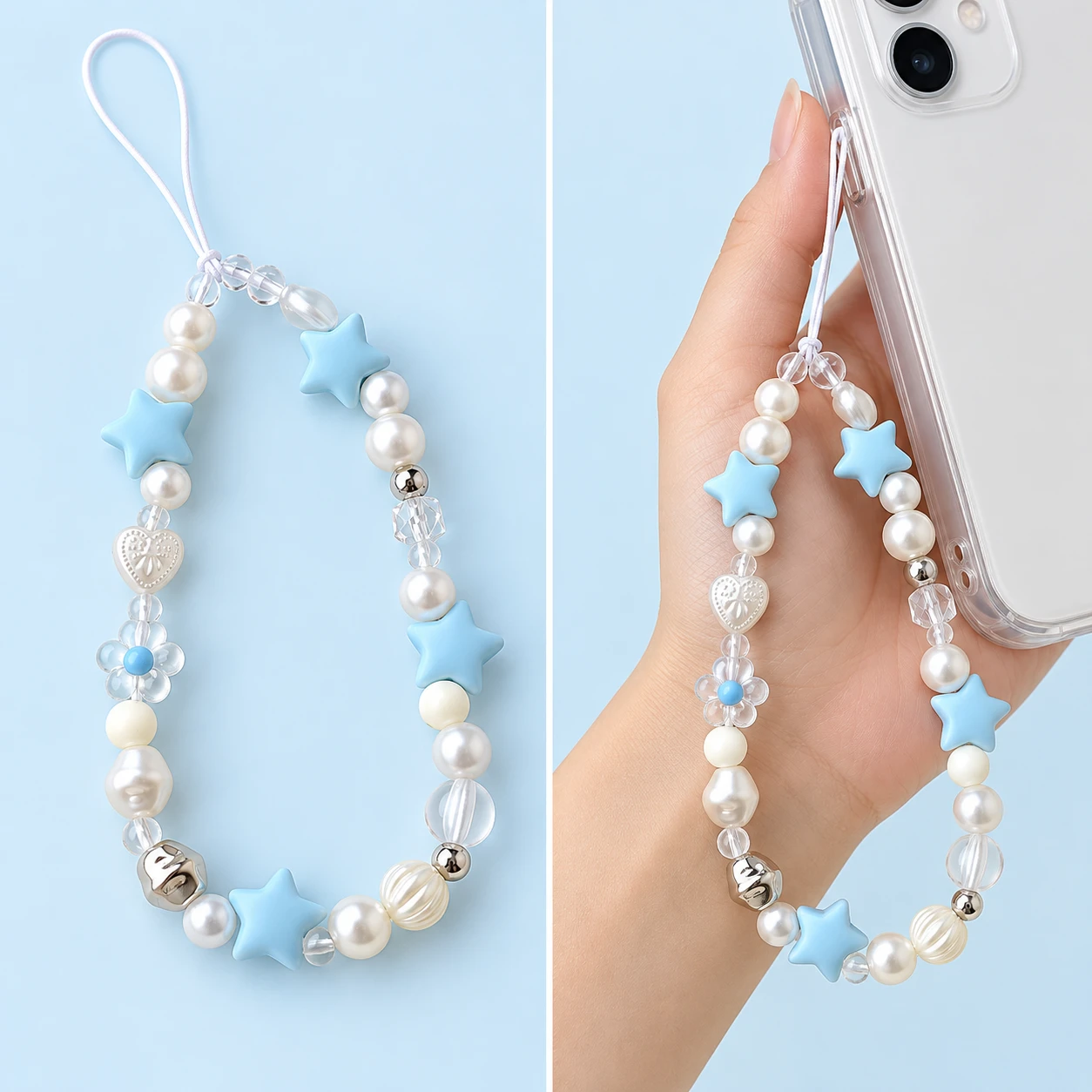 Pale-blue four-star beaded phone wrist loop with original white tether, shown complete and attached to a compatible phone-case eyelet.