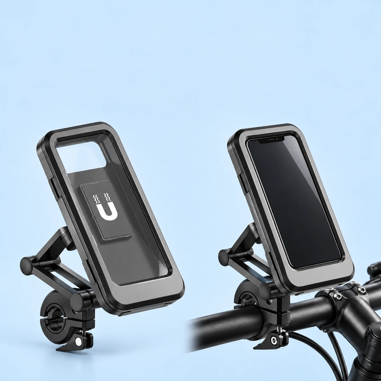 Black Hinged-Window Phone Enclosure with Folding Handlebar Mount; product and illustrative use on pale blue. Phone and scene props excluded., square composition