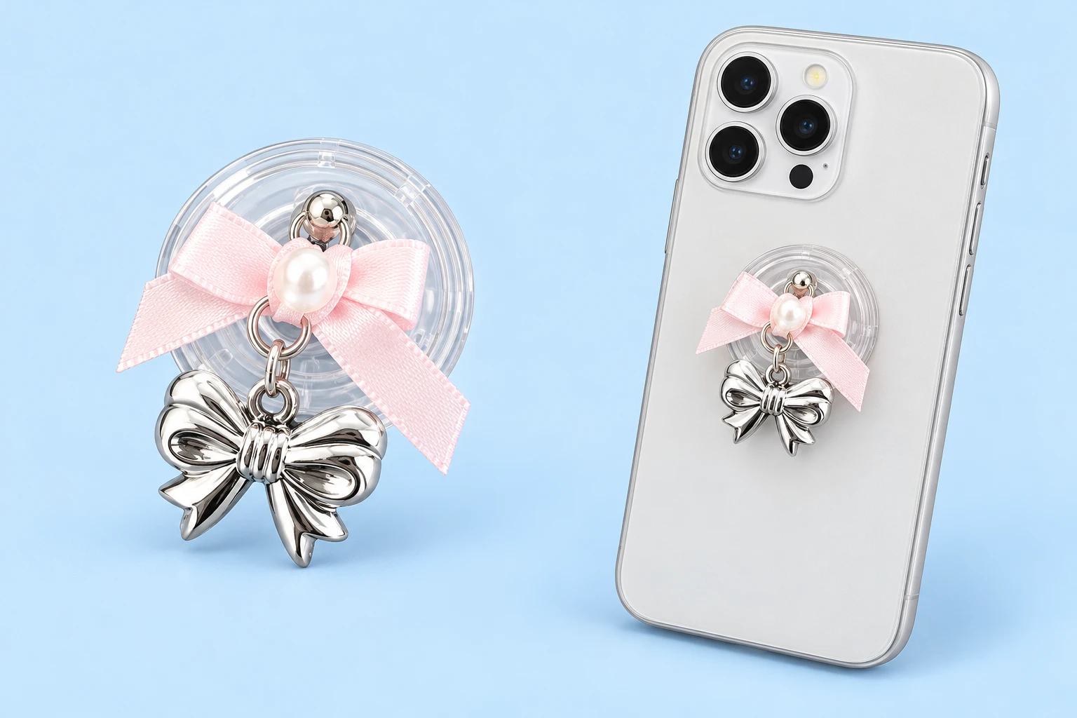 Pink Satin-Look Bow and Silver-Tone Charm Phone Grip