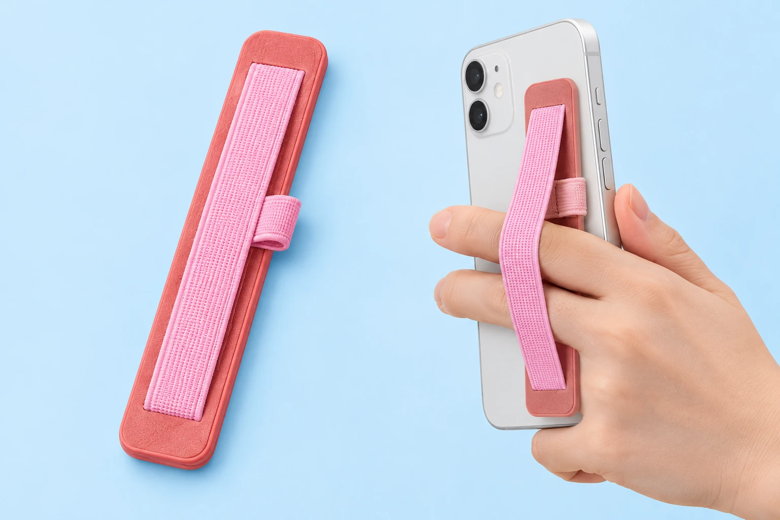 Pink elastic phone grip strap with side pen loop, shown complete and in a two-finger phone grip