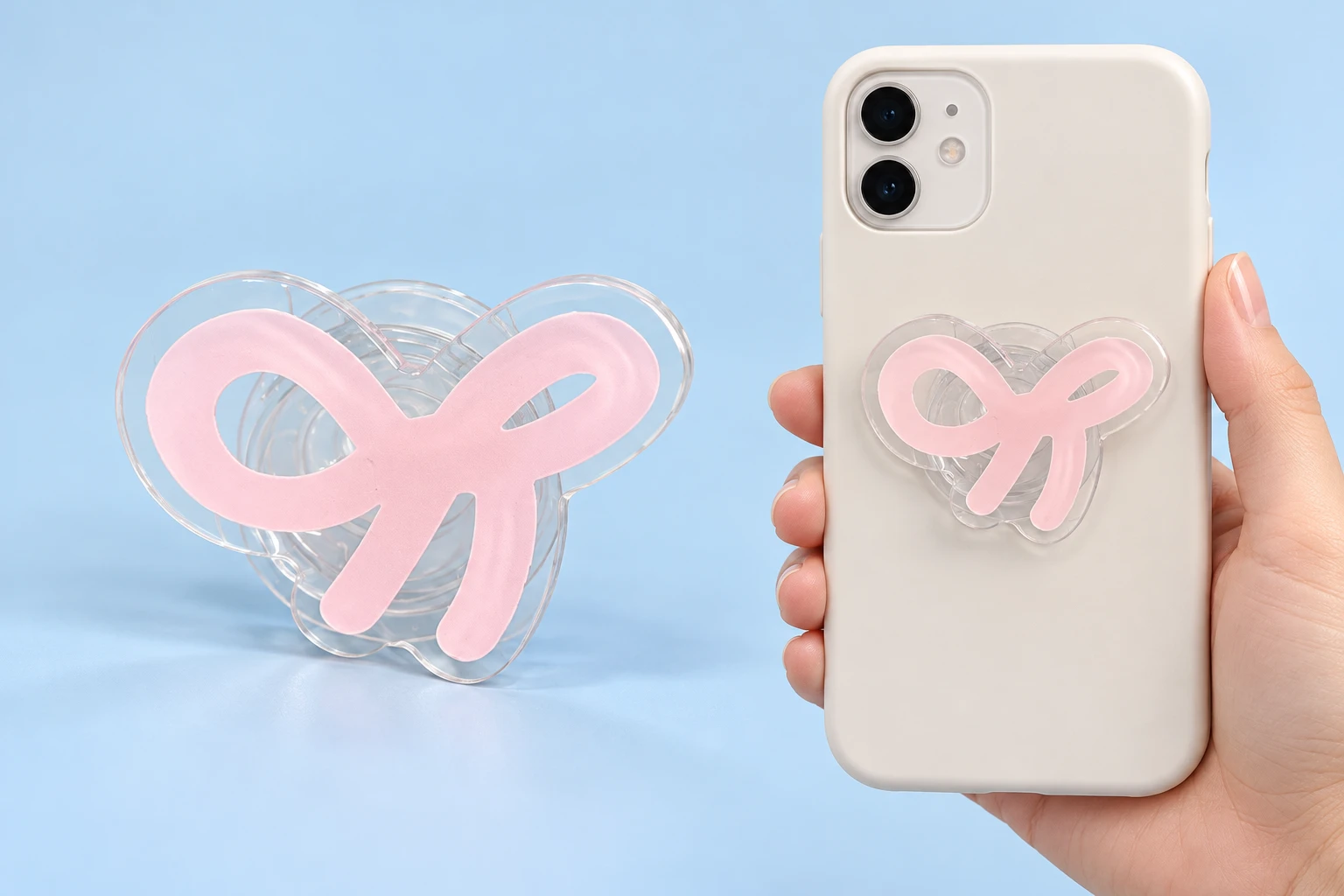 Transparent contour-cut pink ribbon phone grip shown complete and in a closed phone-case placement illustration