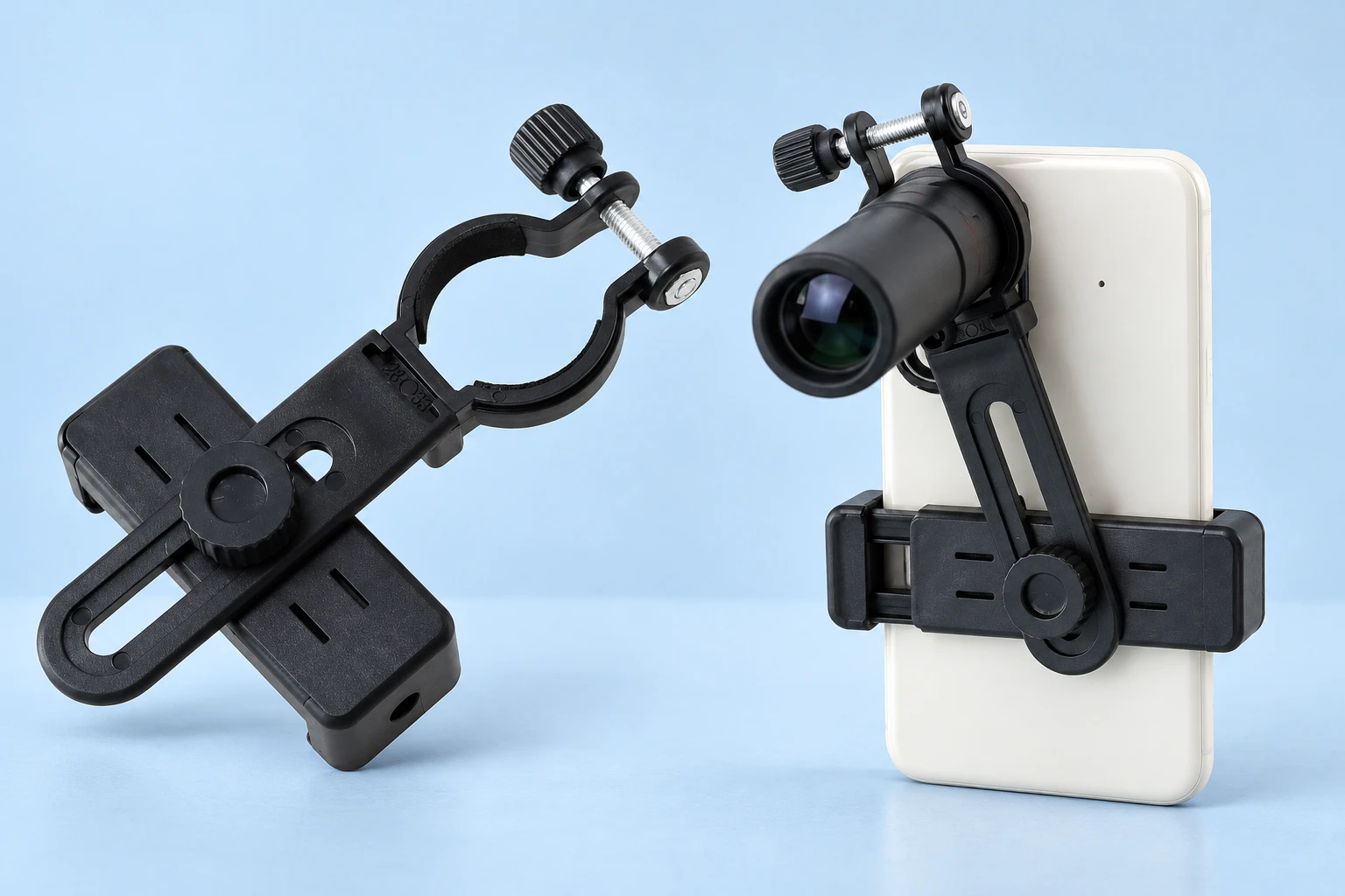 Complete empty black split-band optical phone adapter at left, with the same original band and phone cradle coupling a demonstration phone to a compatible optical tube at right on pale blue. Phone and optical instrument not included.