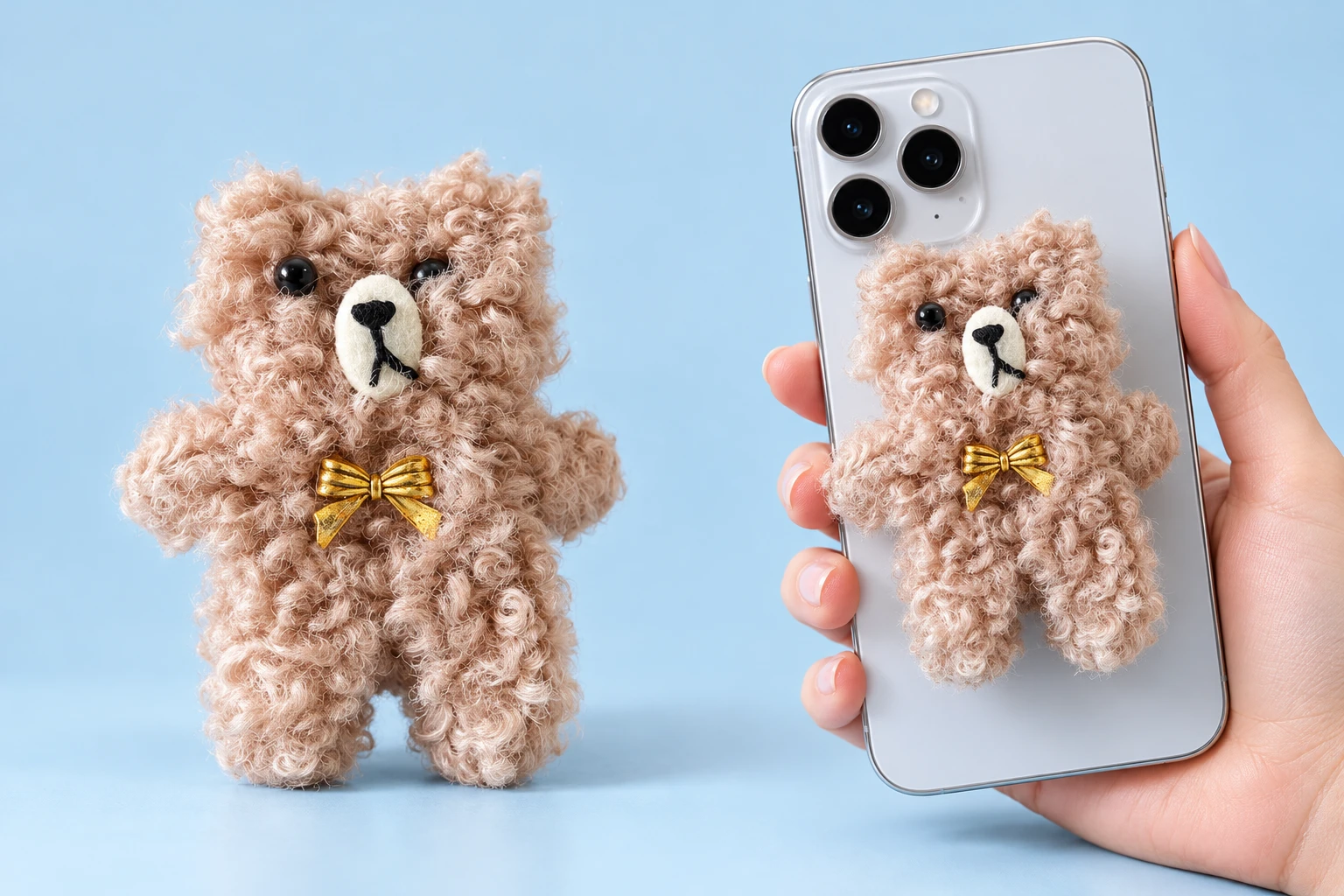 Khaki curly-plush bow cat phone grip and illustrative closed phone-back placement