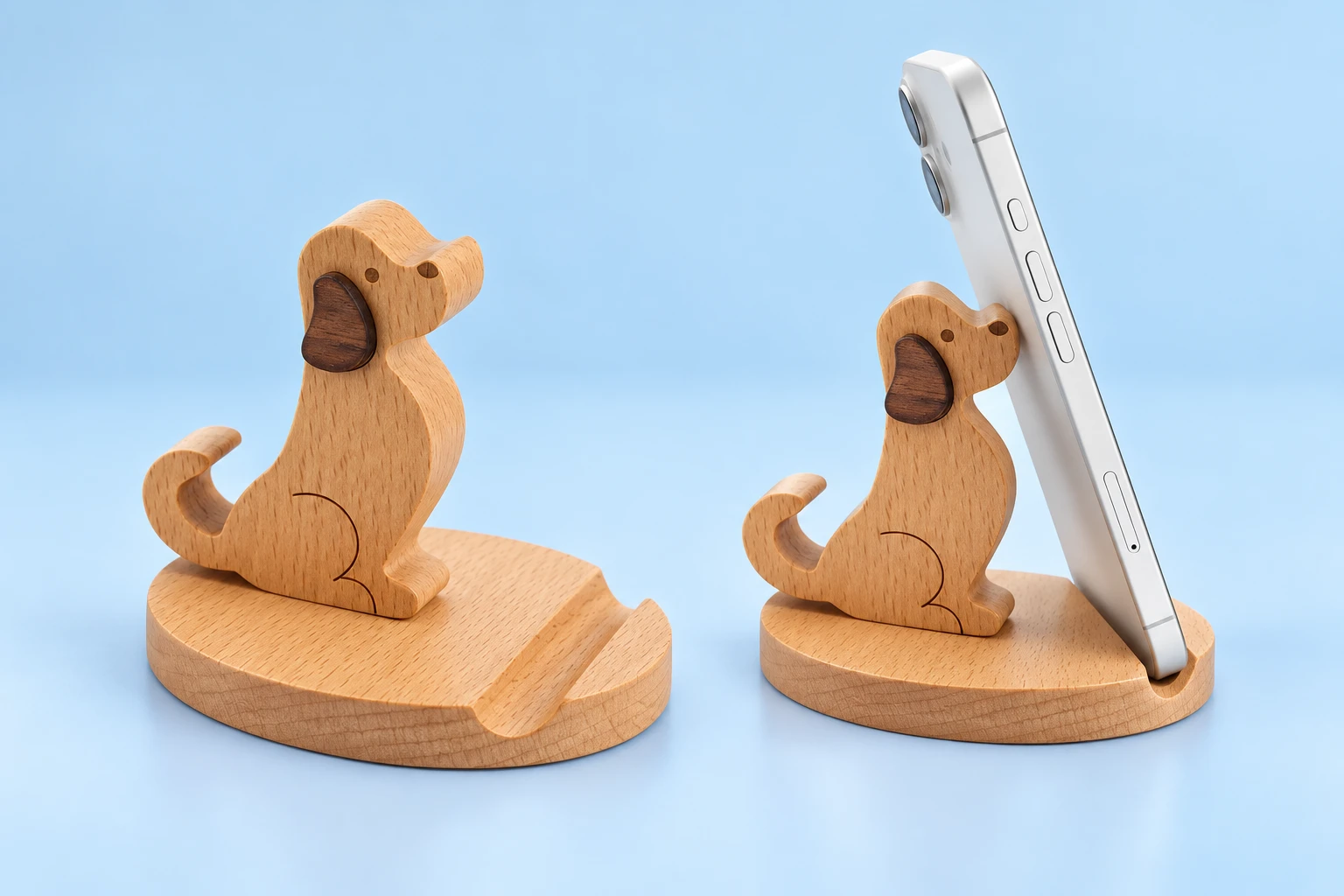 Seated curly-tail wooden dog phone stand and portrait phone resting in its base groove