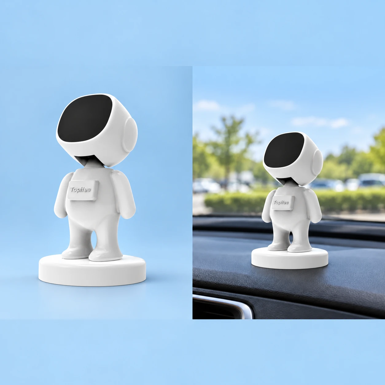 White astronaut dashboard phone holder with black visor, shown complete and installed empty, square composition