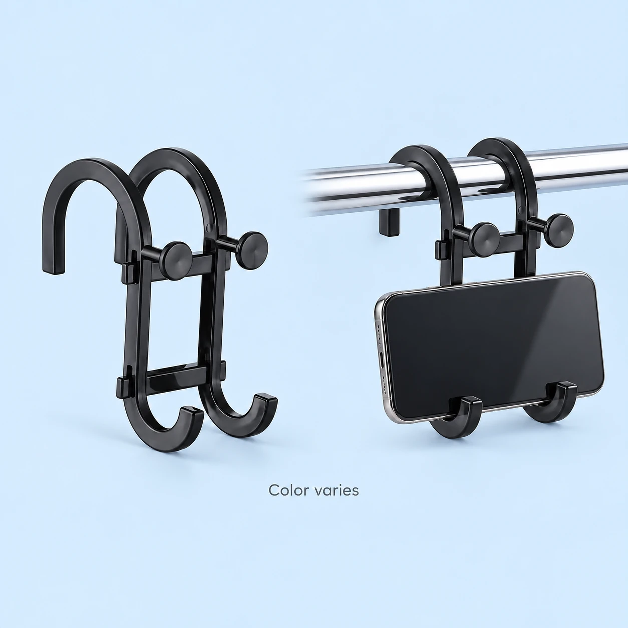 A complete empty black double-S rail-hook phone-support frame on the left and the same example holding a landscape phone on a compatible horizontal rail on the right, on pale blue with Color varies text. One random-color frame is supplied; the actual color may differ. Phone and rail are demonstration props., square composition