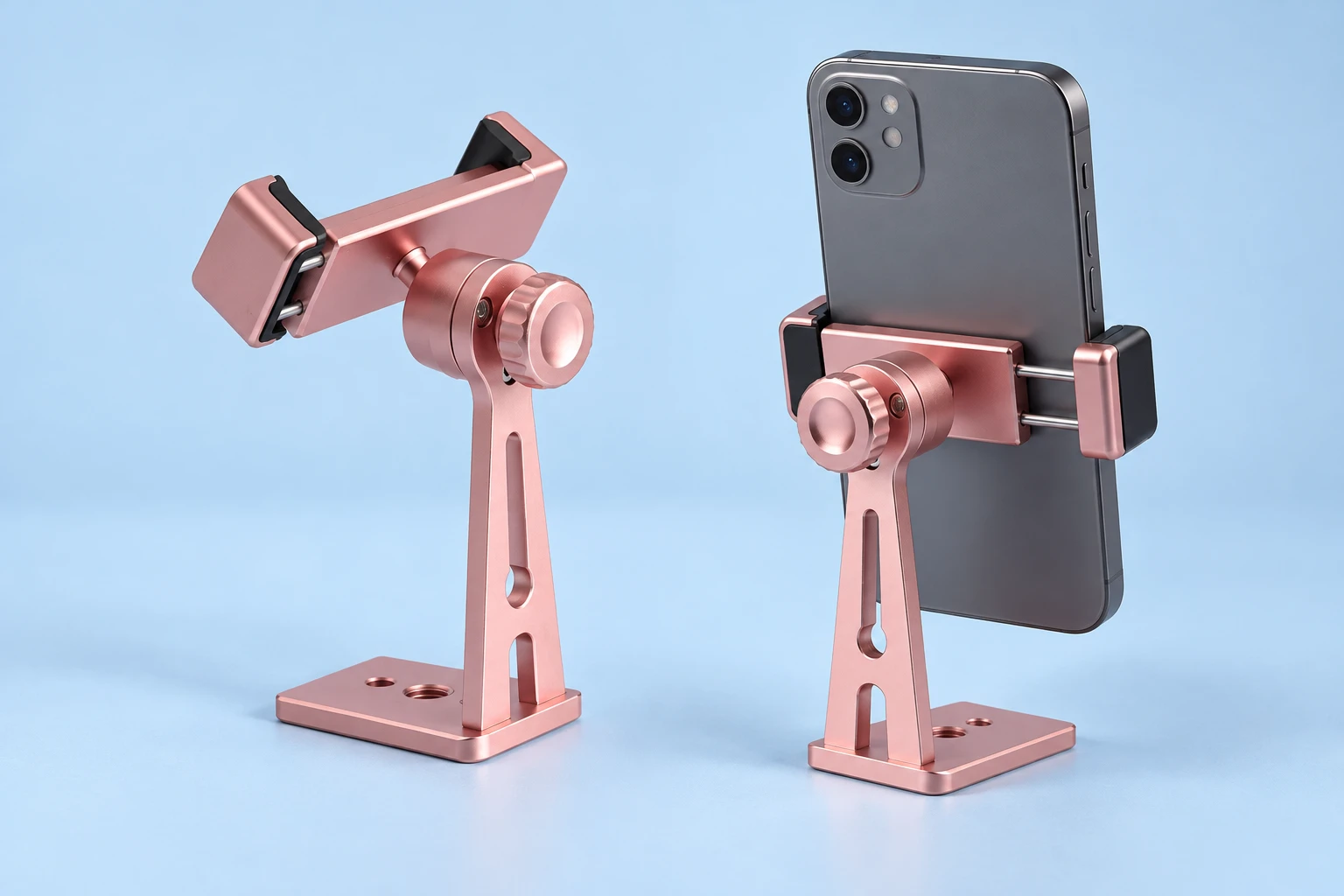 Rose-Pink S13 Fixed-Upright Phone Clamp; product and illustrative use on pale blue. Phone and scene props excluded.