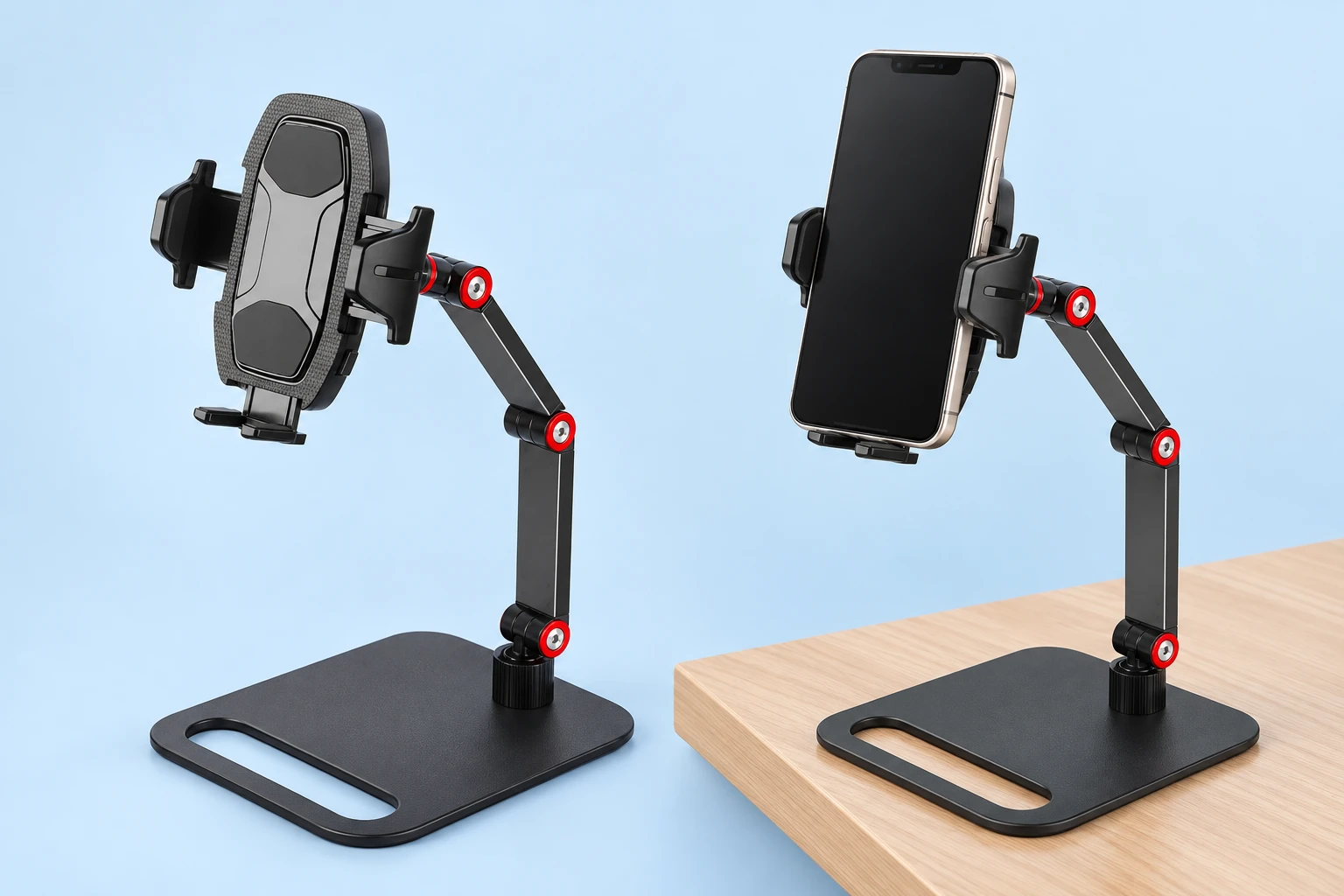 Black Double-Arm Plate-Base Phone Stand; product and illustrative use on pale blue. Phone and scene props excluded.