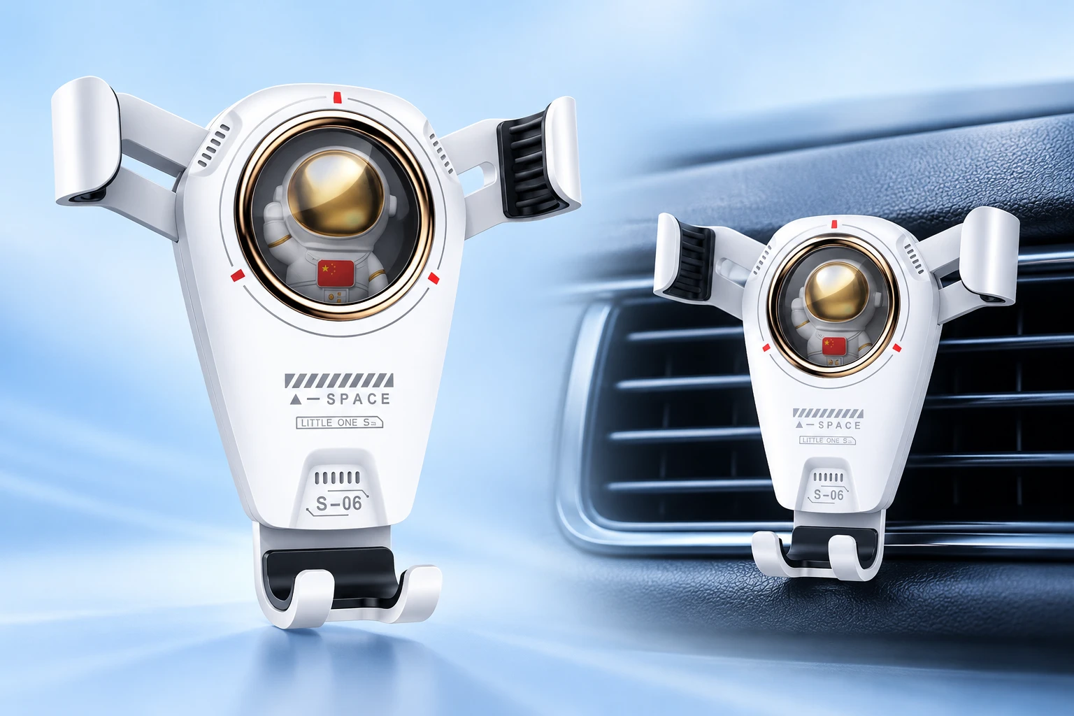 White astronaut capsule phone holder shown alone and mounted empty on a car air vent