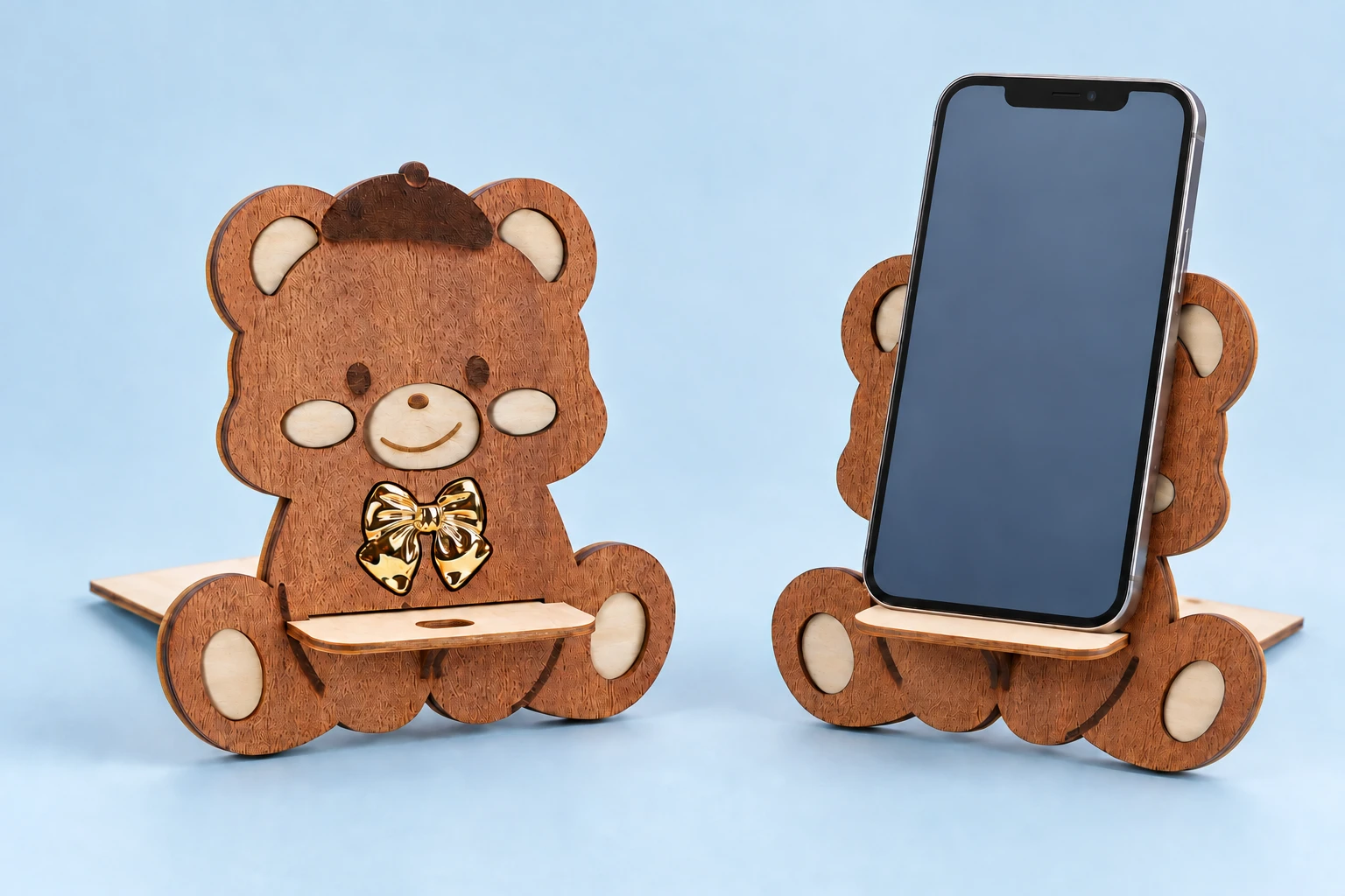 Layered wooden beret bear stand with gold-tone bow and projecting phone shelf