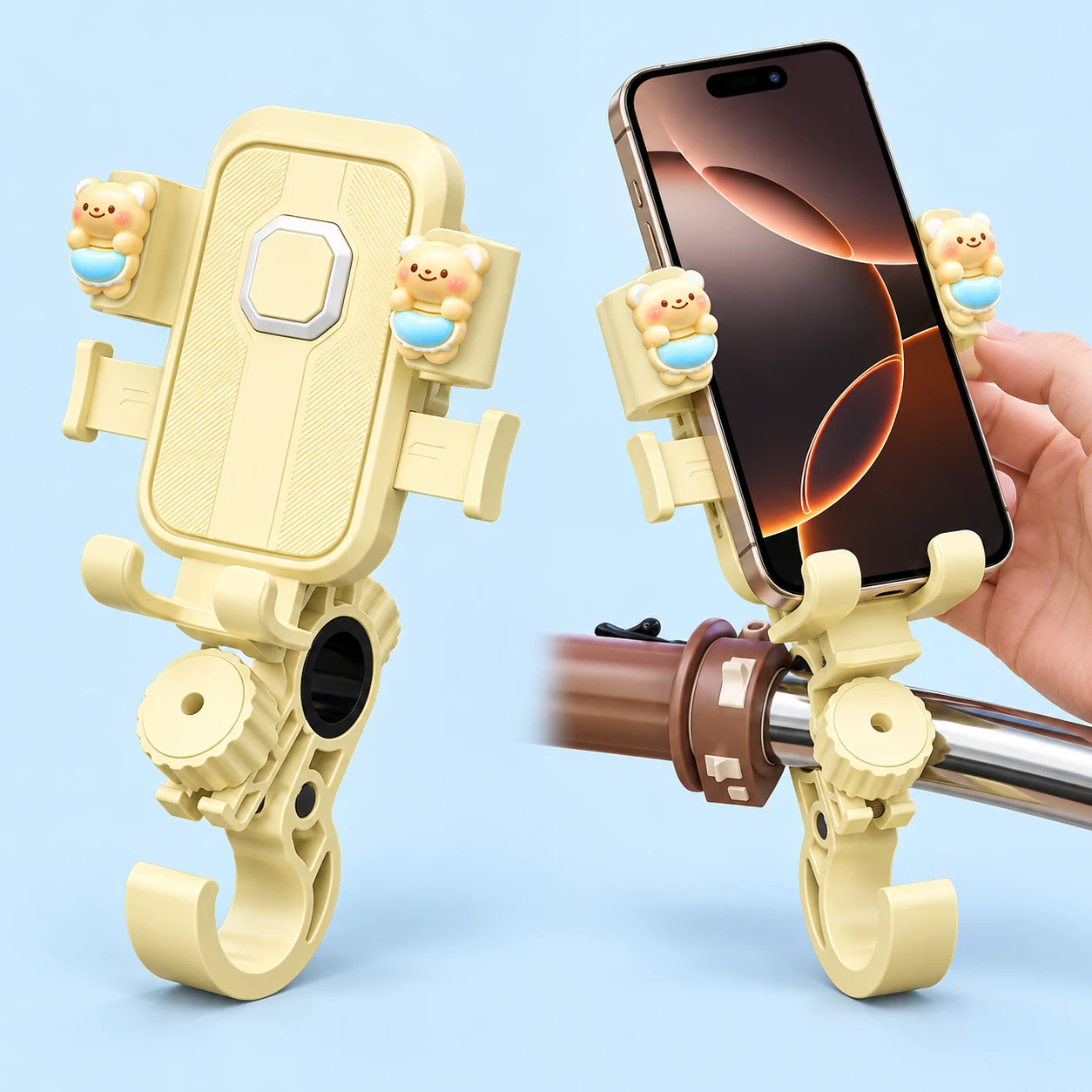 Cream bib-bear phone holder with complete rail clamp and hook, stationary supported-phone use illustration