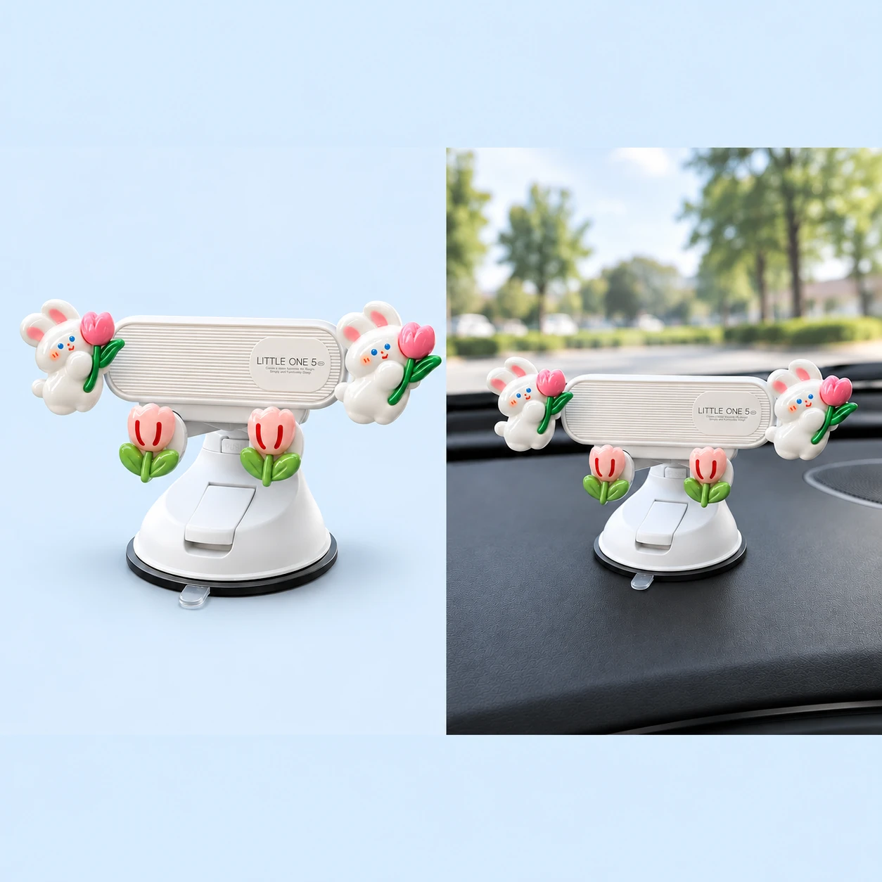 Tulip bunny phone holder with short suction pedestal shown complete and installed empty on a dashboard, square composition