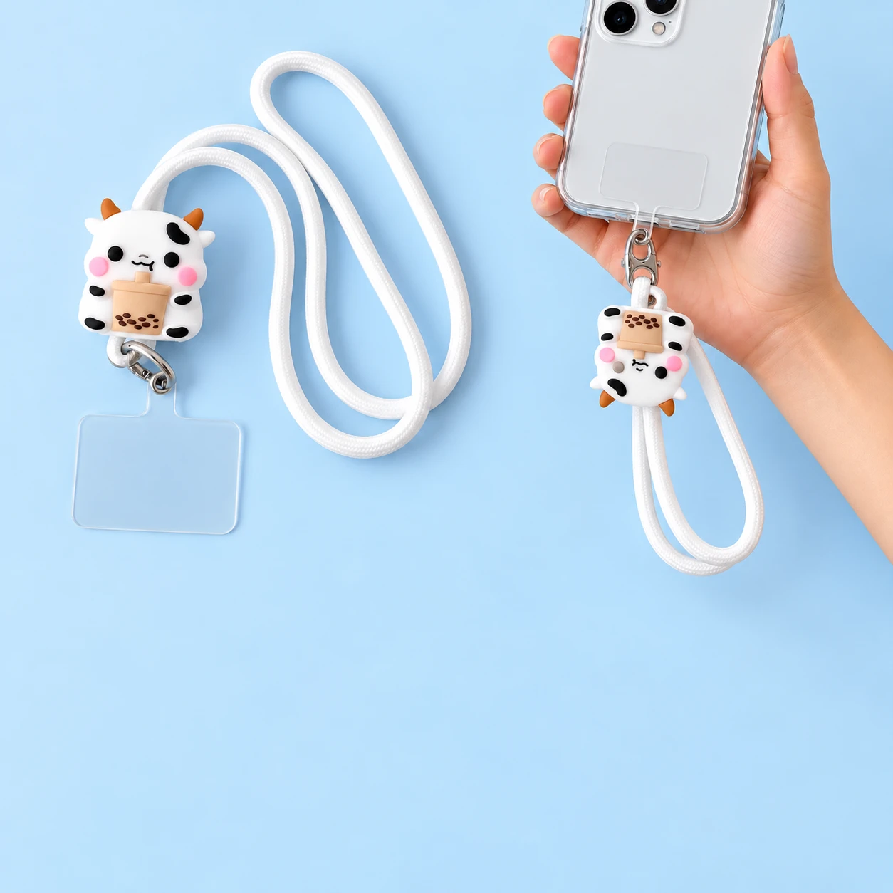 Boba cup cow phone lanyard shown complete with clear case tab and attached to a hand-held phone case, square composition