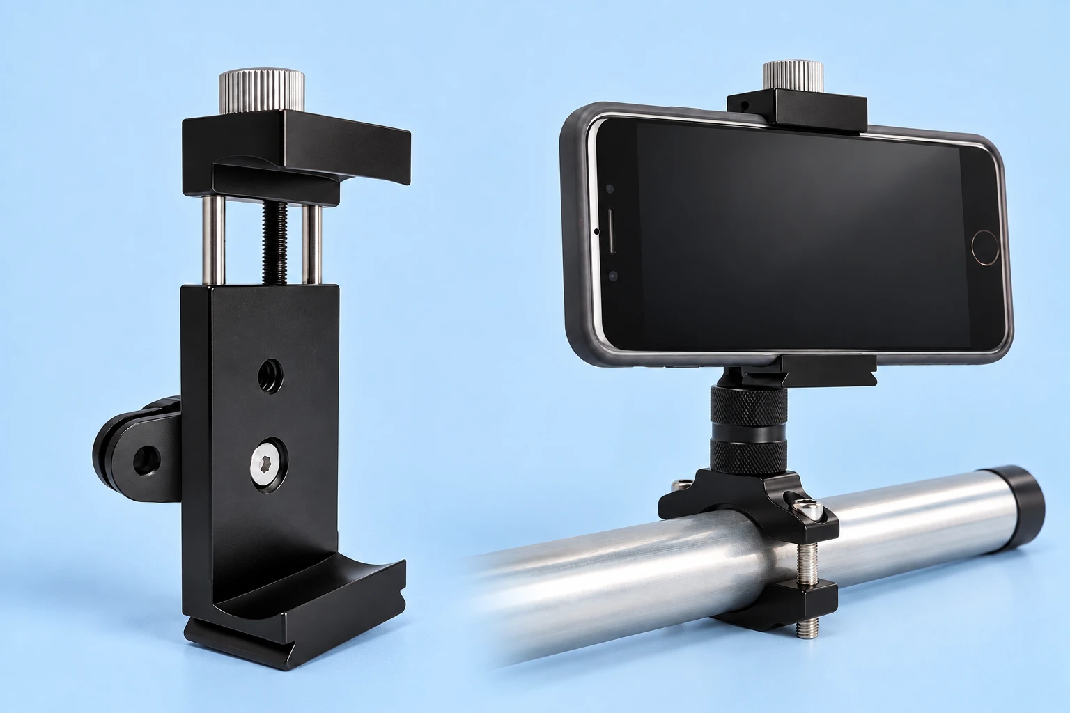 One complete black screw-lock phone adapter with its original rear two-prong clevis at left; the same clamp holding a landscape phone on a separate stationary pole-clamp mount at right, against pale blue. Phone, mating mount, host screw, pole clamp and tube are not included.
