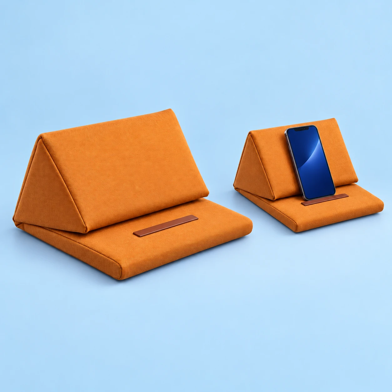 Orange Flat-Apron Phone Reading Cushion; product and illustrative use on pale blue. Phone and scene props excluded., square composition
