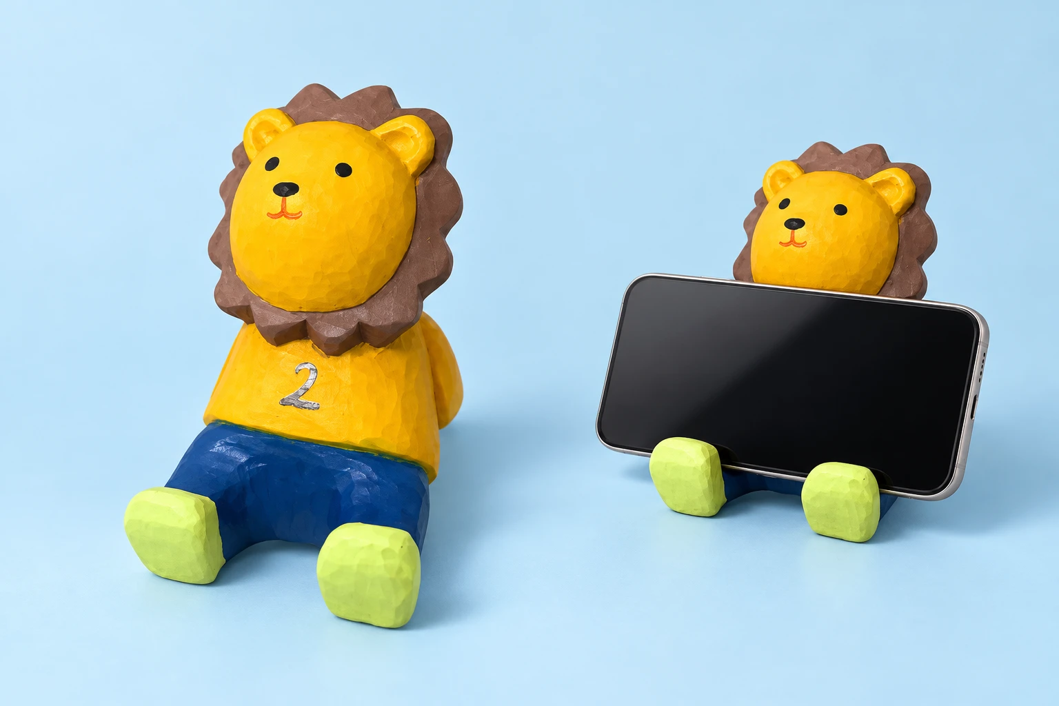 Yellow Wooden Lion Phone Stand