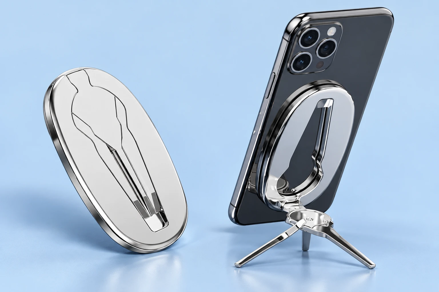 Complete folded silver oval magnetic phone-back stand at left; the same stand supports a portrait demonstration phone on its original split folding feet at right, against a pale-blue background.