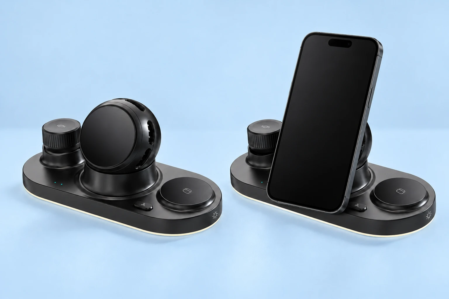 Complete black spherical-head charging station at left and the same original stand supporting an opaque portrait phone at right on pale blue. Compatible magnetic Qi phone or case and external power required; phone excluded.