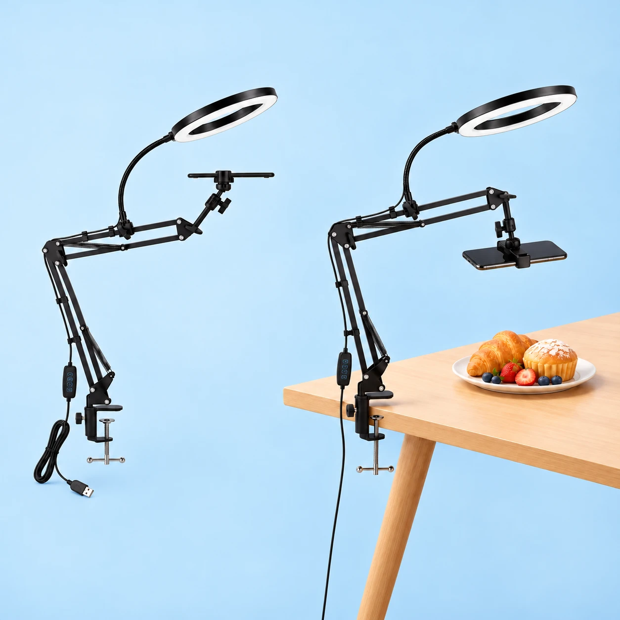 Black Desk-Clamp Phone and Ring Light Kit