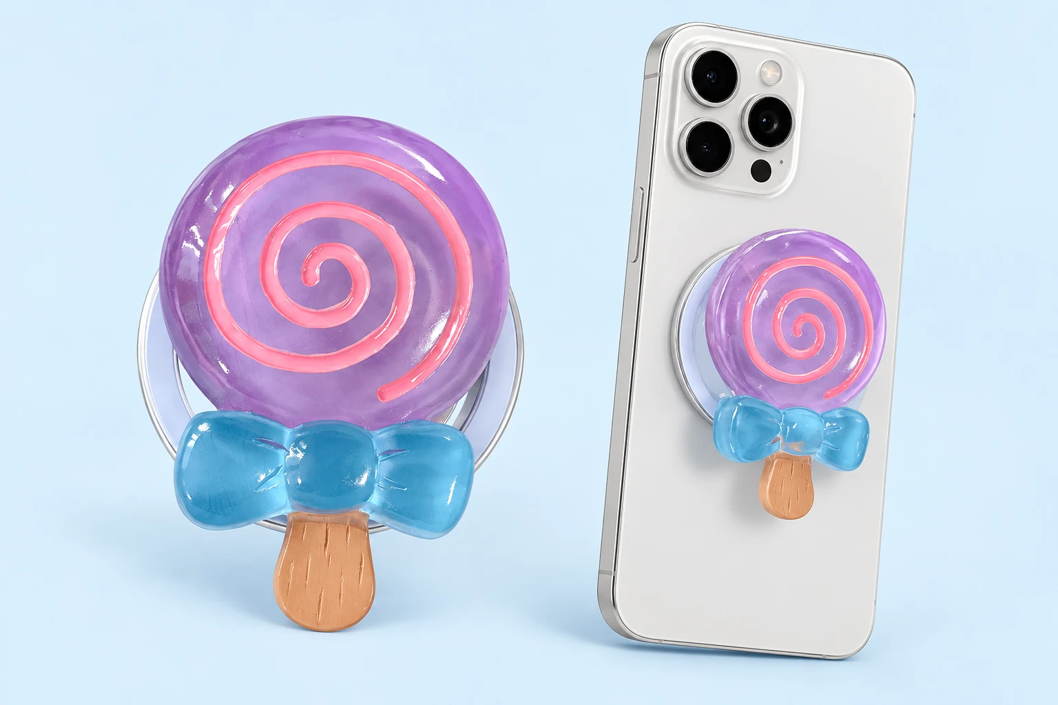 Lilac spiral lollipop phone grip with pink spiral, blue bow and circular backing