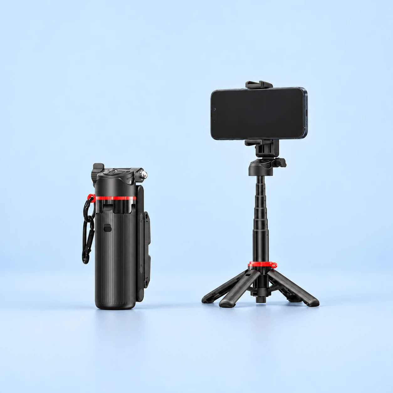 Black Four-Foot Selfie Stand with Folding Phone Clamp