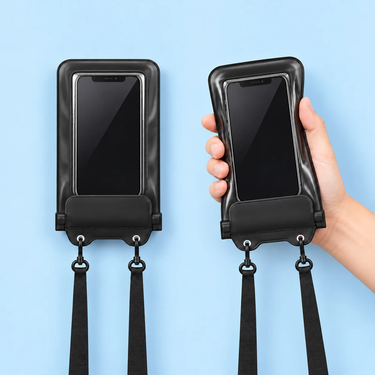 Black Twin-Grommet Wide-Flap Sealed Phone Lanyard Pouch; product and illustrative use on pale blue. Phone and scene props excluded., square composition