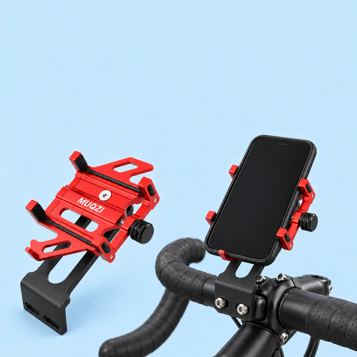 Red fixed five-contact stem-bolt phone holder, complete empty product left and illustrative stationary bicycle phone support right; phone and bicycle excluded., square composition