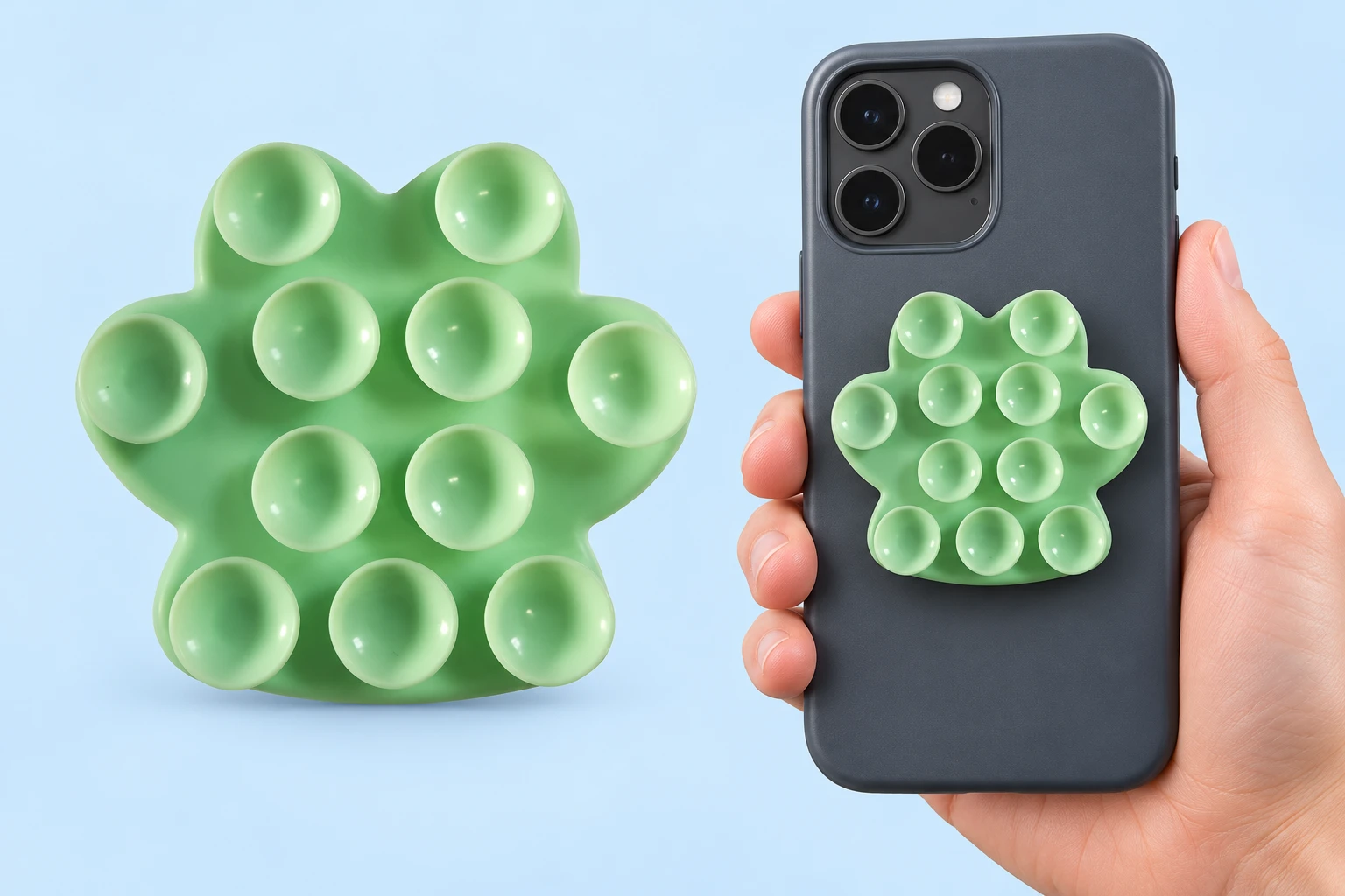 Mint cactus-shaped eleven-cup suction phone grip with conservative closed phone-case placement
