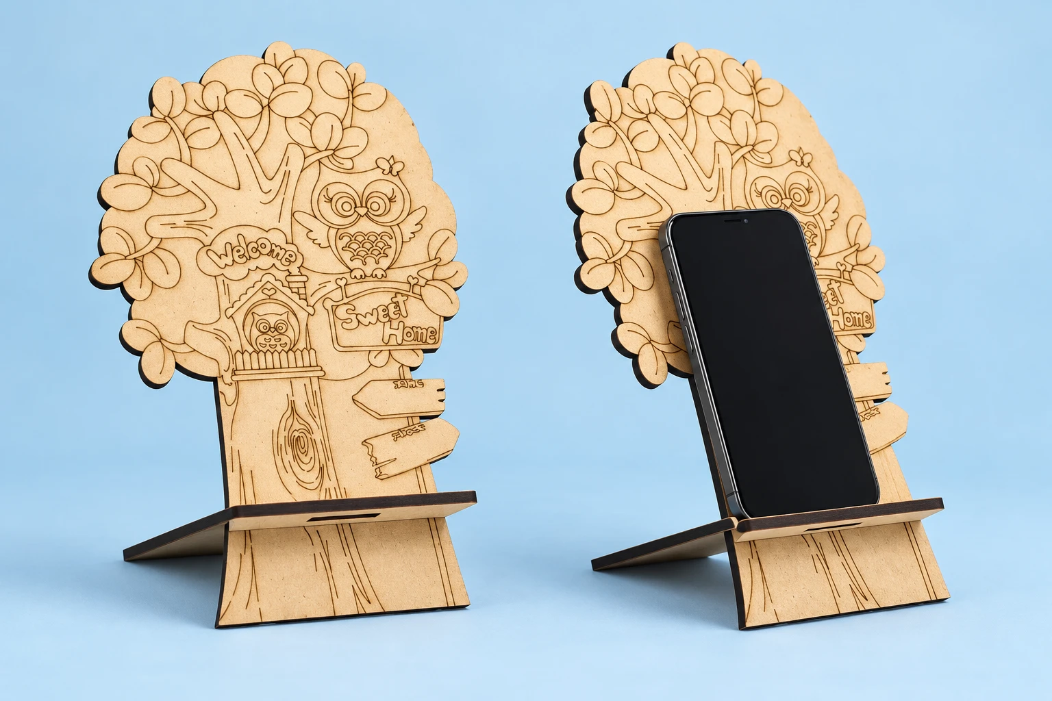 Natural unpainted owl tree MDF phone stand and portrait phone illustration