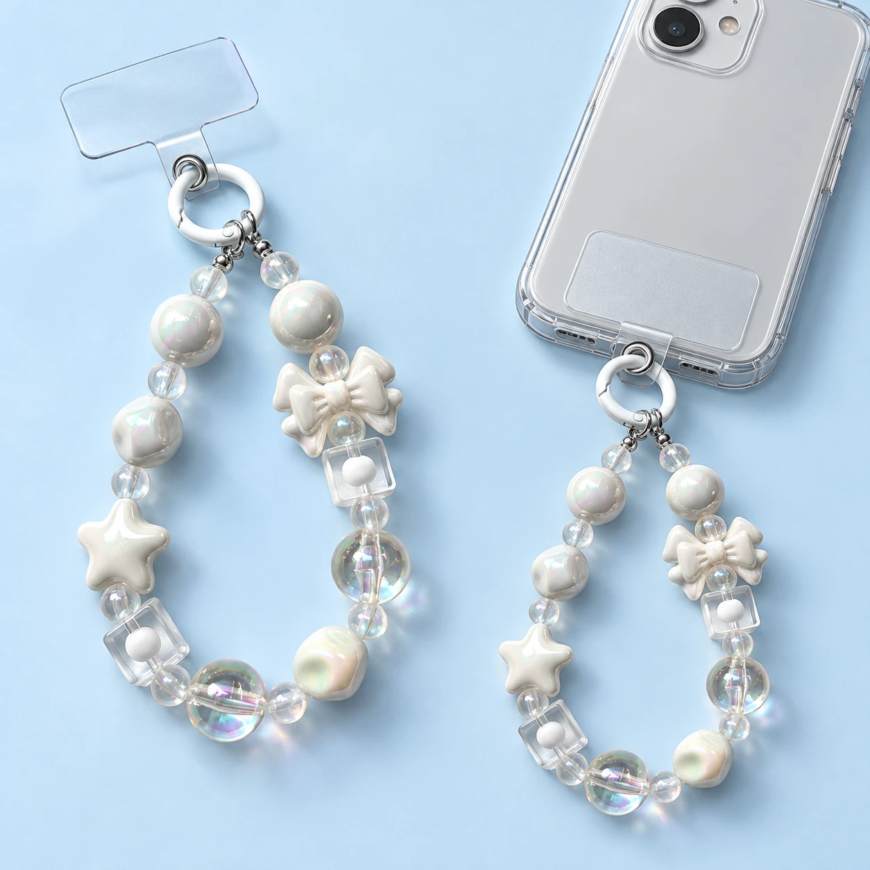 Pearl-white star and bow beaded phone wrist loop with clear anchor, product and compatible-case use views