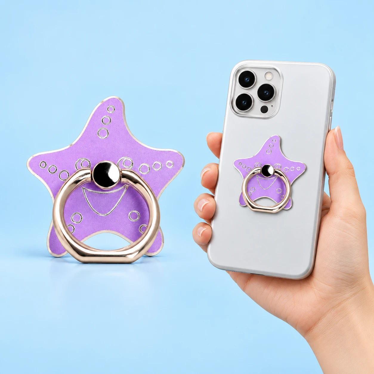 Lilac smiling starfish phone ring holder with curved rounded points and hinged ring, square composition