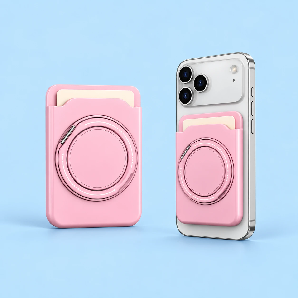 Pastel pink rigid card sleeve with large circular folding ring, shown mounted flat, square composition