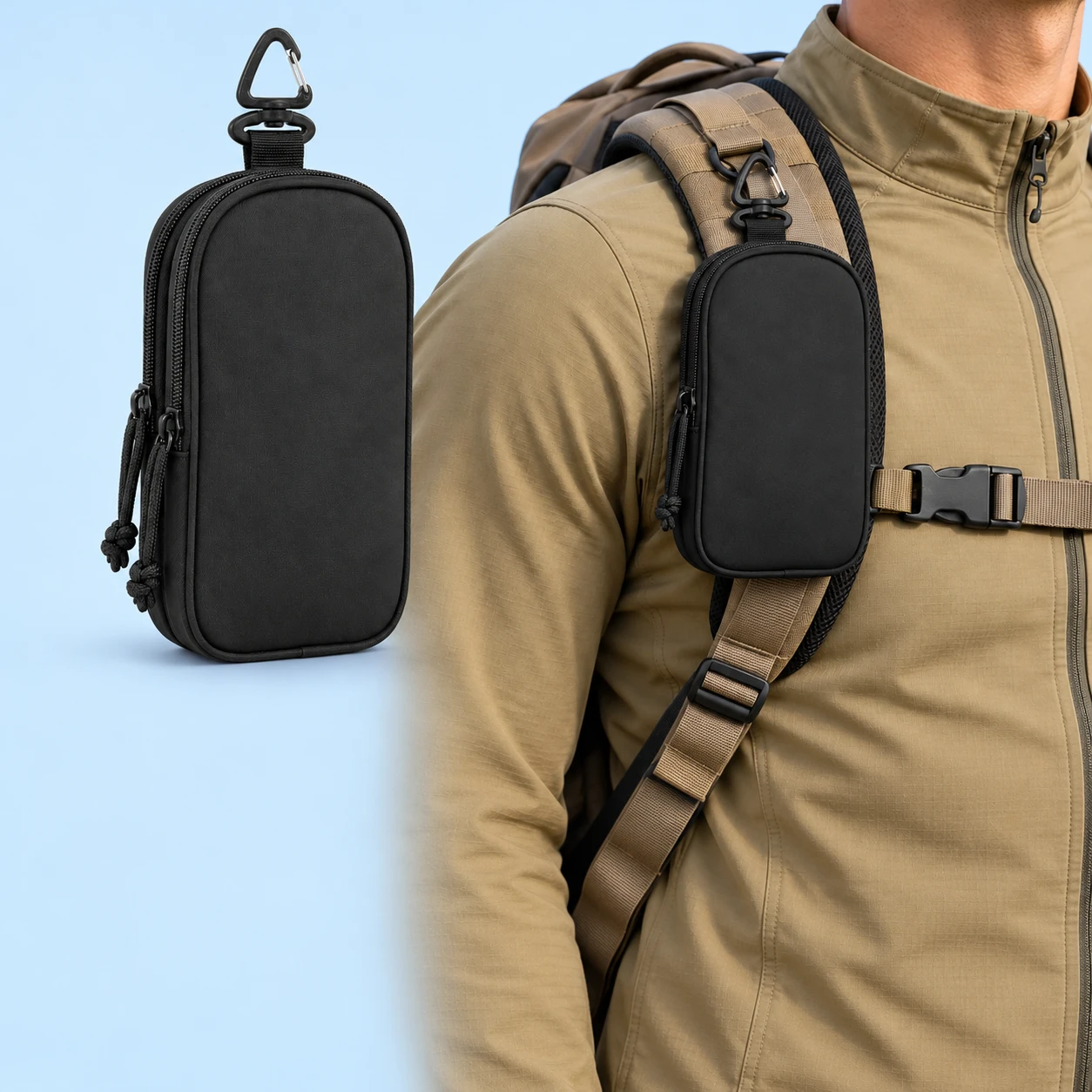 Black Twin-Zip Shoulder-Strap Phone Pouch