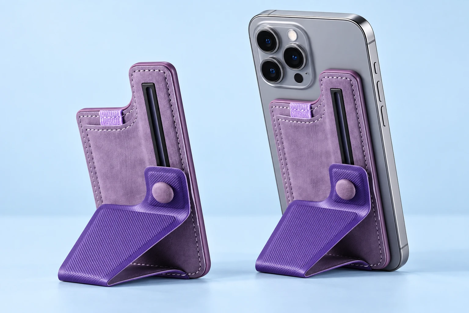 Lilac phone-back card wallet with original K-rail folding support, empty and supporting a portrait phone