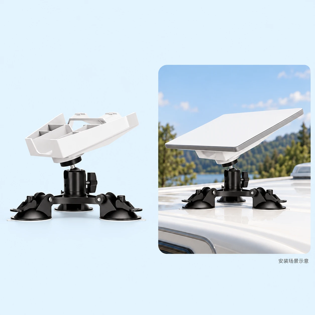Starlink Mini Triangular Three-Suction-Cup Ball-Head Mount. AI installation illustration; Starlink equipment not included., square composition