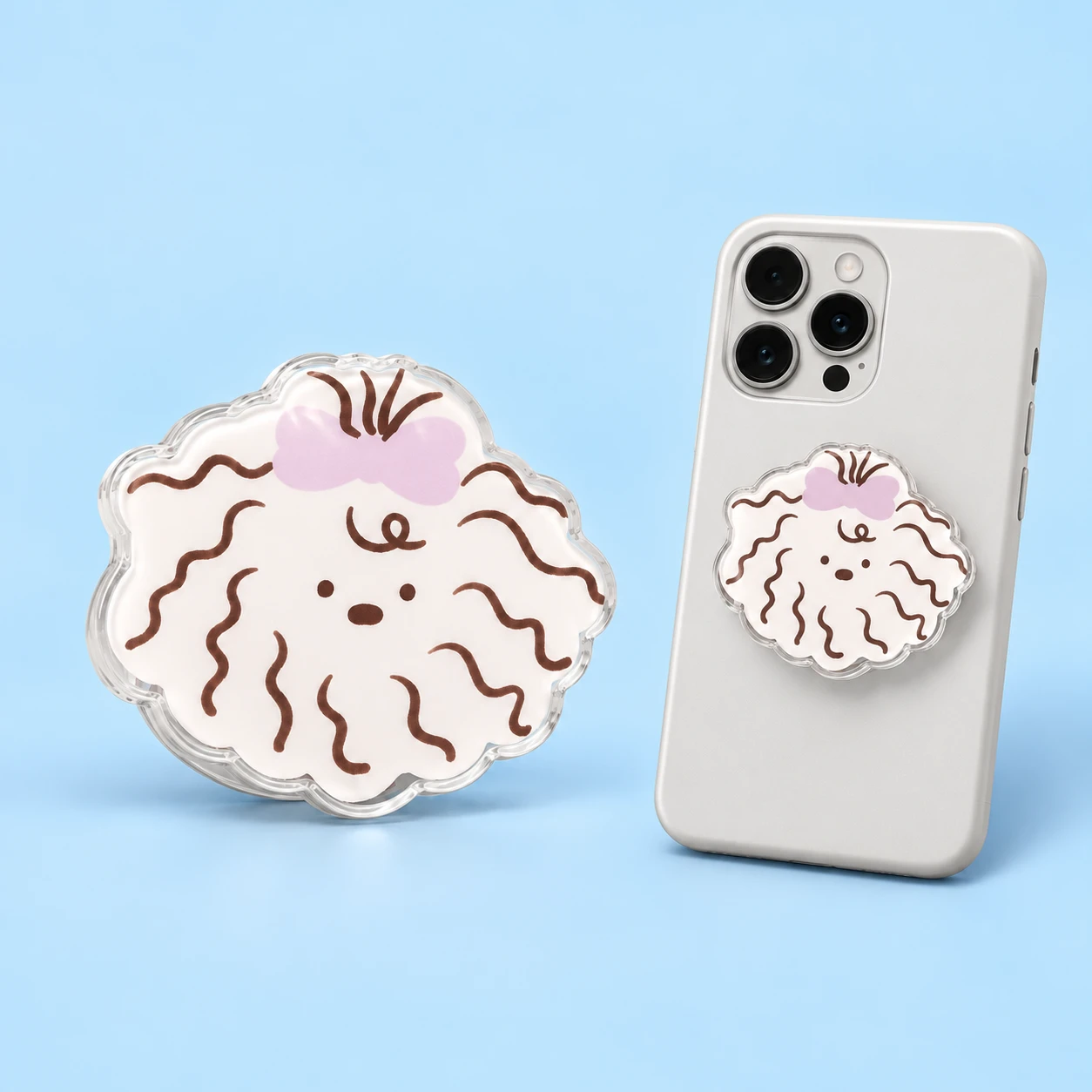 White wavy-edged dog phone grip with lilac bow and closed phone-back placement, square composition