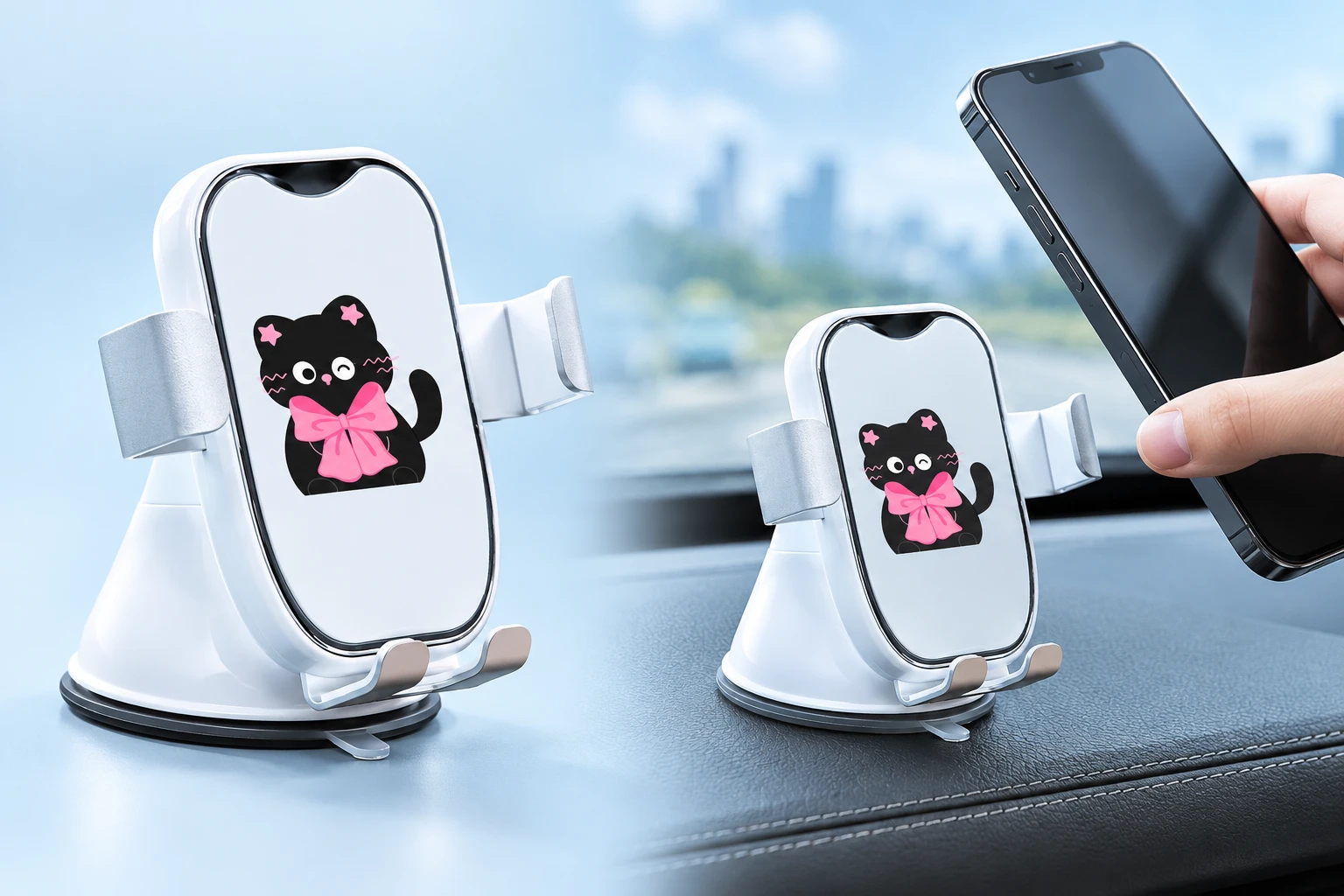 White Bow-Cat Suction-Base Dashboard Phone Holder