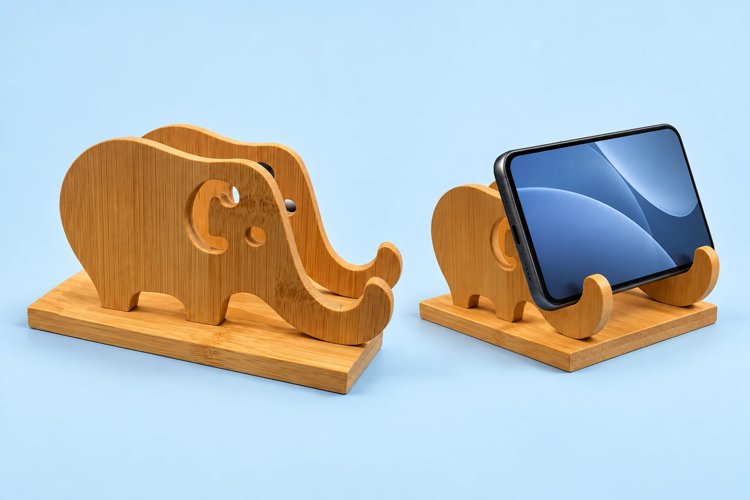 Twin-Elephant Bamboo Phone Stand
