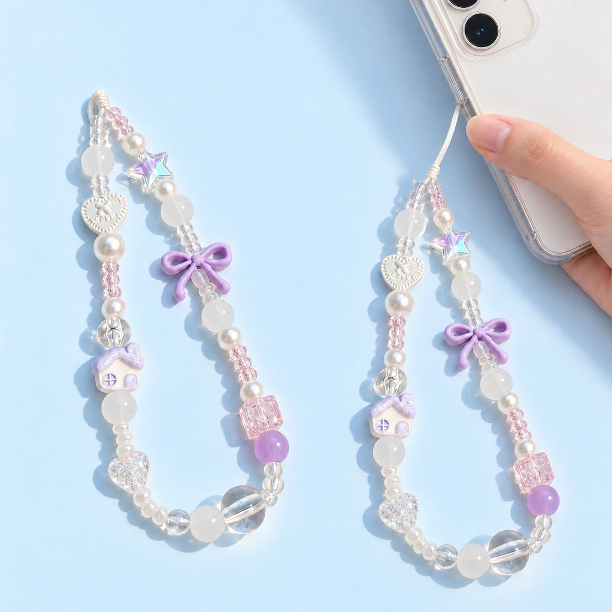 Lilac House and Heart Mixed-Bead Phone Loop