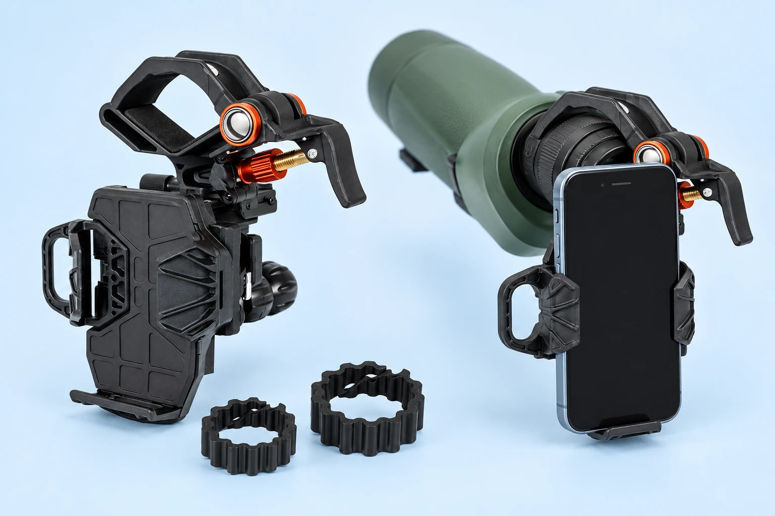 Complete black ribbed-backplate eyepiece phone adapter with orange pivot and two corrugated ring inserts at left; the same adapter retaining a demonstration phone on a spotting-scope eyepiece at right on pale blue. Phone and optical instrument not included.